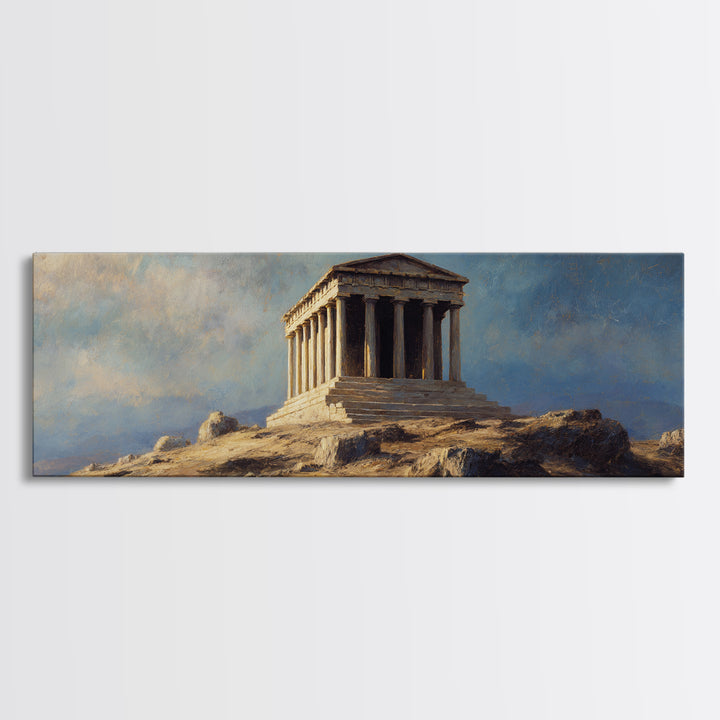 Ancient Greek Temple On Rocky Hill Wall Art, Classical Landscape Painting, European Decor, Large Framed Canvas Print For Home
