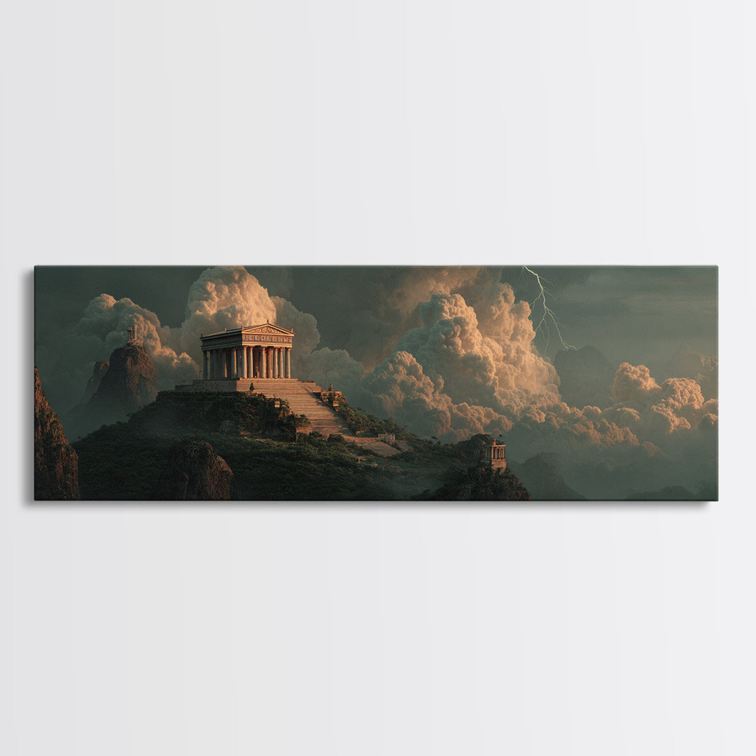Ancient Greek Temple Above Stormy Peaks Wall Art, Mythological Landscape Canvas Print, Classical Decor, Dramatic Office Art