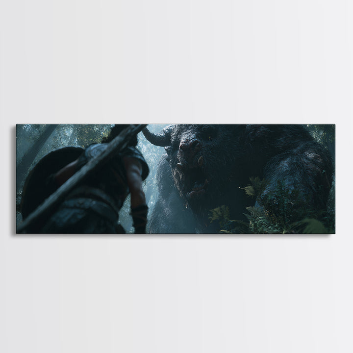 Warrior Facing Giant Forest Beast Canvas Print, Dark Fantasy Wall Art, Mythical Creature Decor, Dramatic Game Room Poster