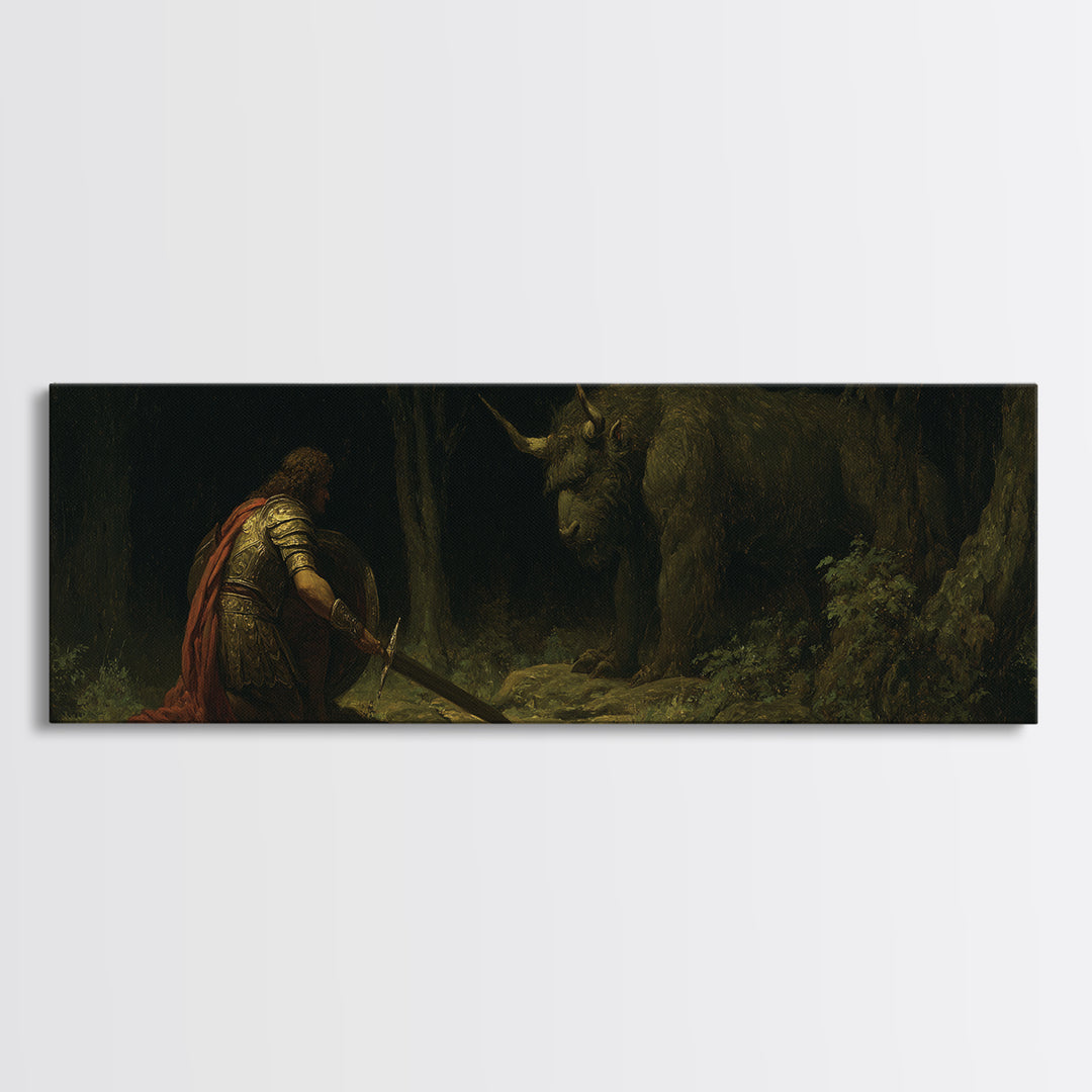 Kneeling Knight Facing Dark Forest Unicorn Wall Art, Mythical Fantasy Canvas Print, Gothic Fairytale Decor Unique Gift For Him