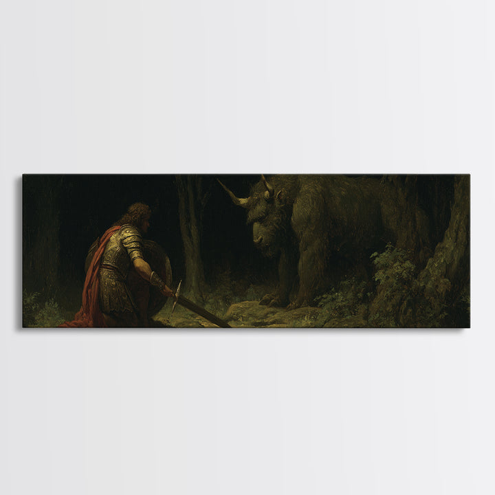 Kneeling Knight Facing Dark Forest Unicorn Wall Art, Mythical Fantasy Canvas Print, Gothic Fairytale Decor Unique Gift For Him