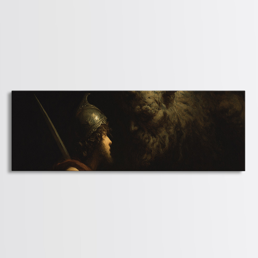 Ancient Warrior Facing Horned Beast Canvas Print, Dark Fantasy Mythology Wall Art, Dramatic Gothic Decor For Living Room