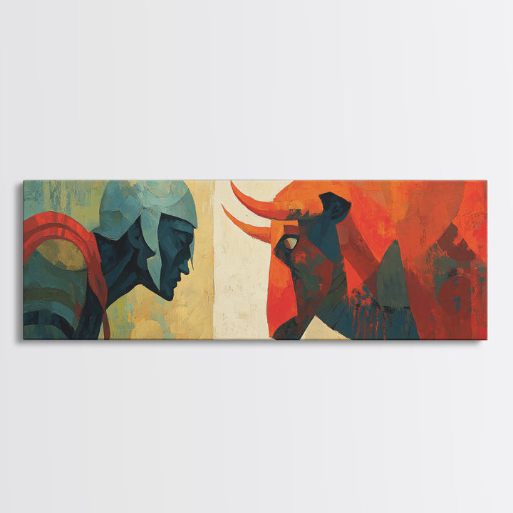 Modern Warrior And Red Bull Canvas Print, Geometric Mythology Wall Art, Mid Century Abstract Decor For Bold Living Room Art