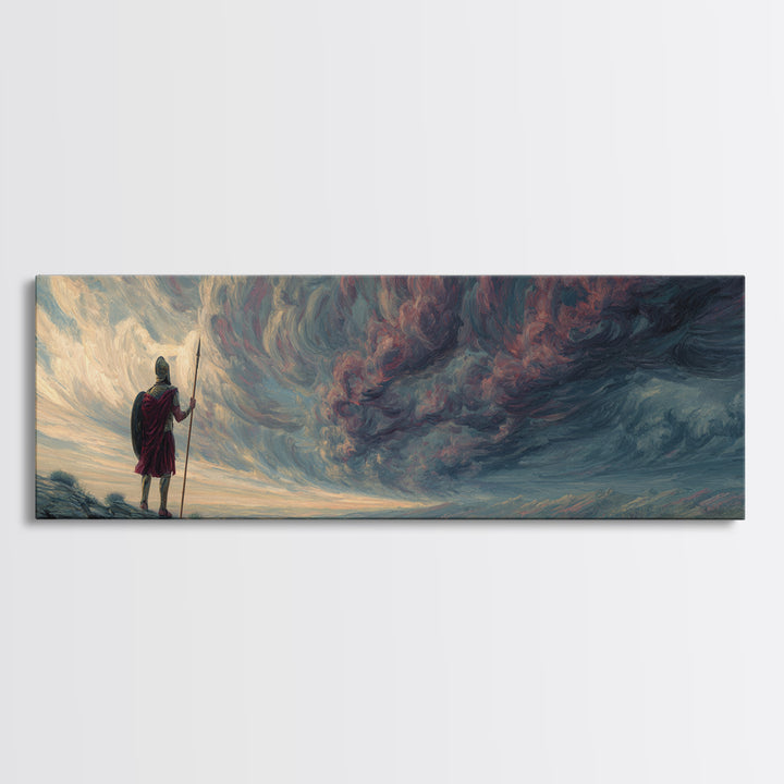 Lone Warrior Under Stormy Sky Wall Art, Dramatic Fantasy Landscape Canvas Print, Moody Large Horizontal Living Room Decor