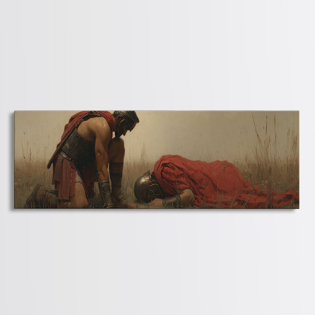 Kneeling Warrior Beside Fallen Soldier Wall Art, Historical Battlefield Canvas Print, Dramatic Masculine Living Room Decor
