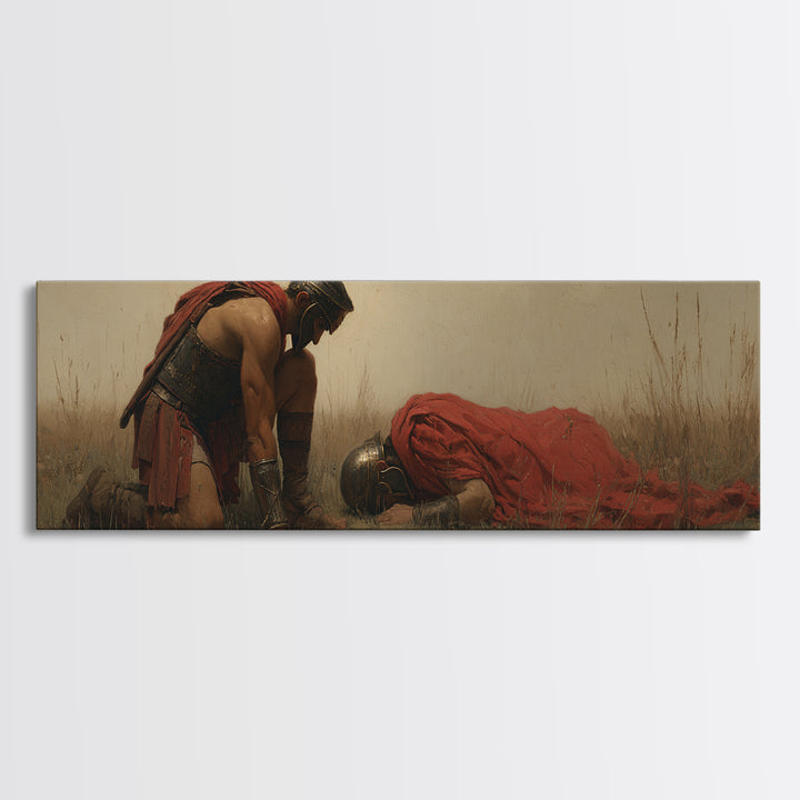 Kneeling Warrior Beside Fallen Soldier Wall Art, Historical Battlefield Canvas Print, Dramatic Masculine Living Room Decor