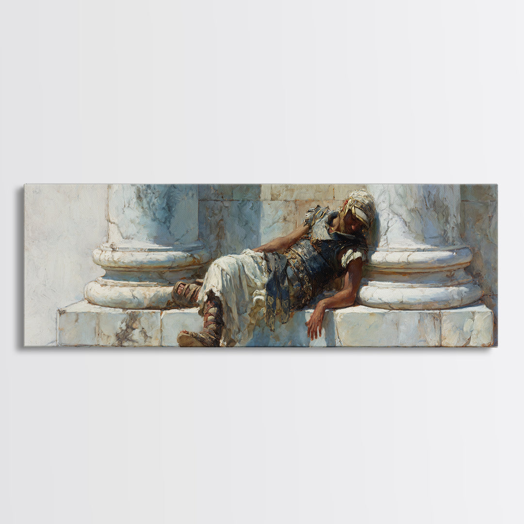 Resting Roman Soldier By Marble Columns Wall Art, Ancient Warrior Oil Painting Print, Classical History Decor, Housewarming Gift
