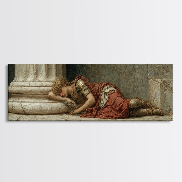 Resting Roman Soldier By Marble Column Framed Canvas Print, Classical Wall Art, Dark Academia Decor, Historical Gift For Him