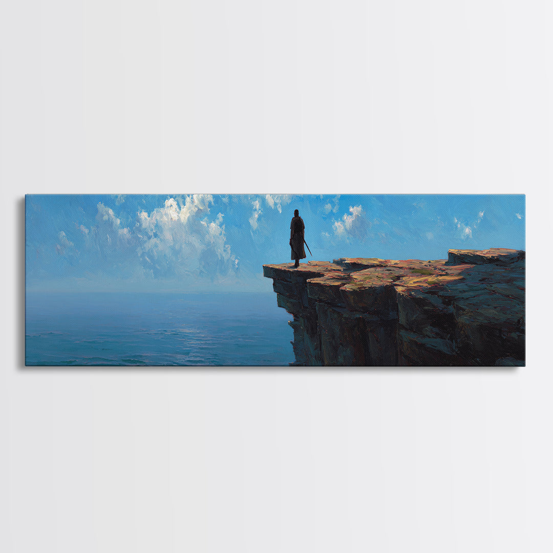 Lone Figure On Ocean Cliff Wall Art, Moody Coastal Landscape Canvas, Blue Seascape Print, Large Living Room Decor, Housewarming Gift