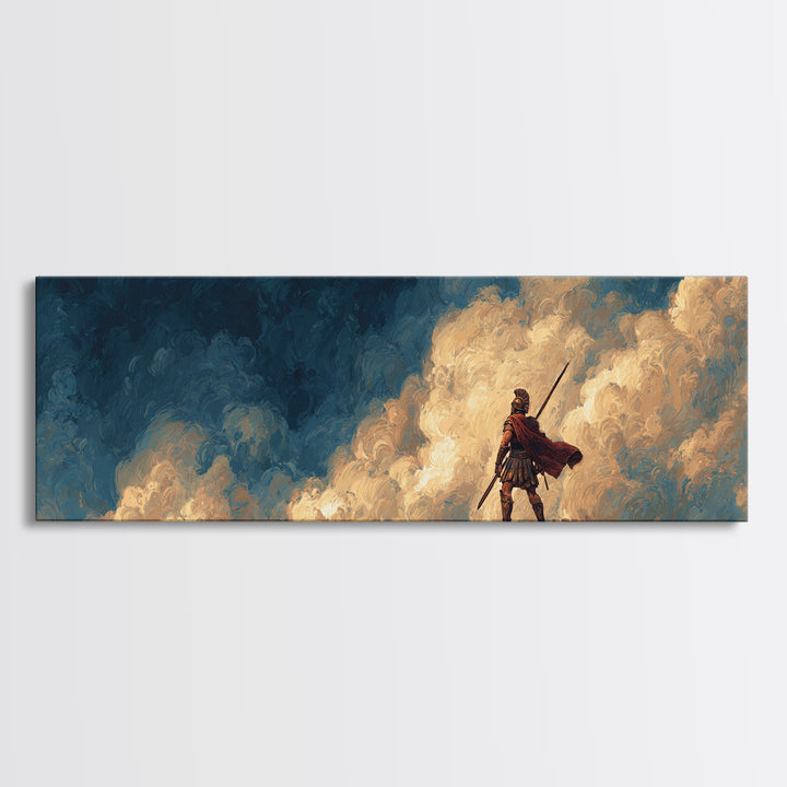 Lone Spearman Facing Golden Clouds Wall Art, Heroic Fantasy Landscape Canvas, Modern Masculine Office Decor Gift For Him