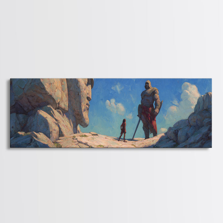 Giant Stone Guardians In Mountain Pass Canvas Print, Epic Fantasy Landscape Art, Dnd Room Decor, Adventure Wall Decor Gift