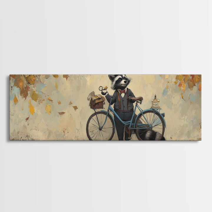 Dapper Raccoon With Bicycle Canvas Print, Whimsical Woodland Animal Wall Art, Autumn Nursery Decor, Cute Kids Room Gift For Her