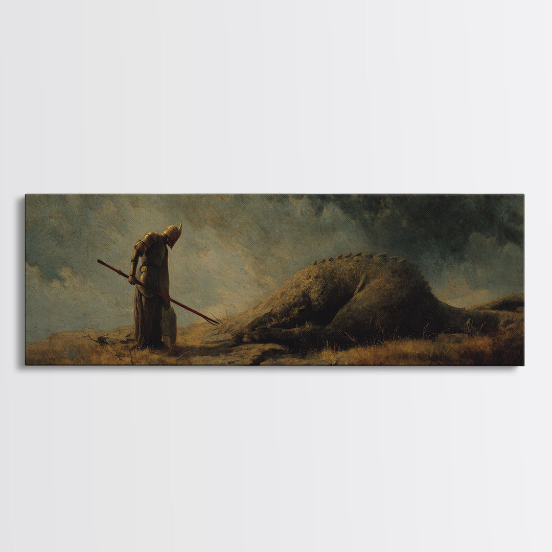 Cloaked Hunter Beside Fallen Giant Wall Art, Dark Fantasy Landscape, Mythical Creature Decor, Gothic Canvas Print, Fantasy Gift
