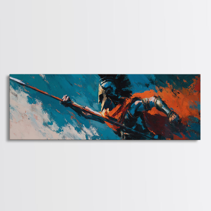 Spartan Spearman In Teal And Orange Canvas Print, Greek Warrior Wall Art, Bold Abstract Decor, Masculine Office Art Gift For Him