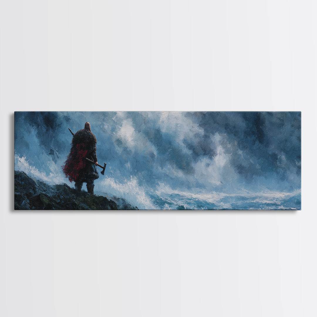 Lone Viking On Stormy Shore Framed Canvas Print, Norse Seascape Wall Art, Moody Coastal Decor, Fantasy Gift For Him, Dramatic Ocean Poster
