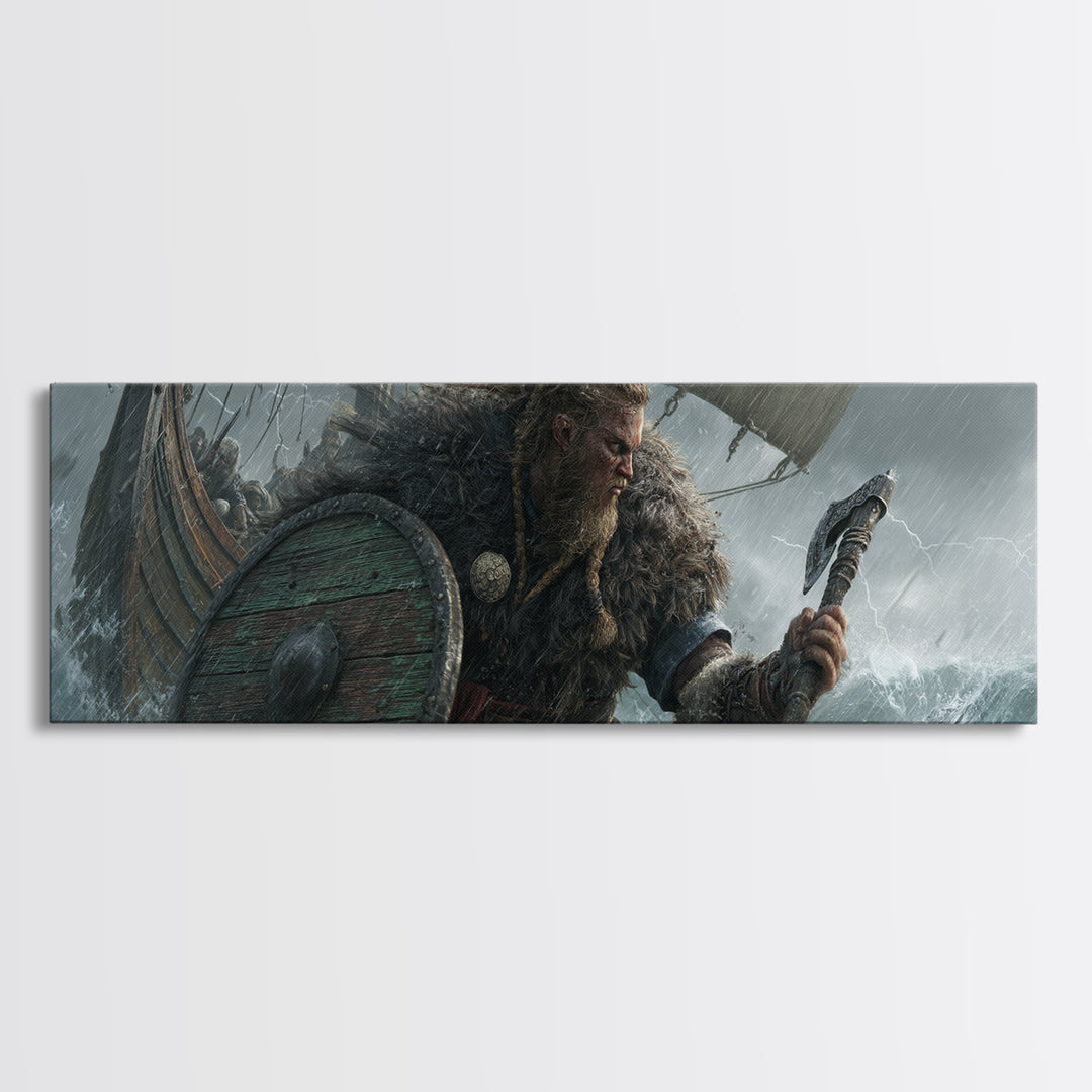 Stormy Viking Warrior At Sea Wall Art, Norse Ship Canvas, Dark Fantasy Decor, Warrior Gift, Nautical Living Room Art, Rustic Home Decor