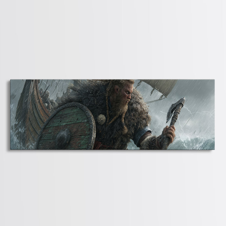 Stormy Viking Warrior At Sea Wall Art, Norse Ship Canvas, Dark Fantasy Decor, Warrior Gift, Nautical Living Room Art, Rustic Home Decor