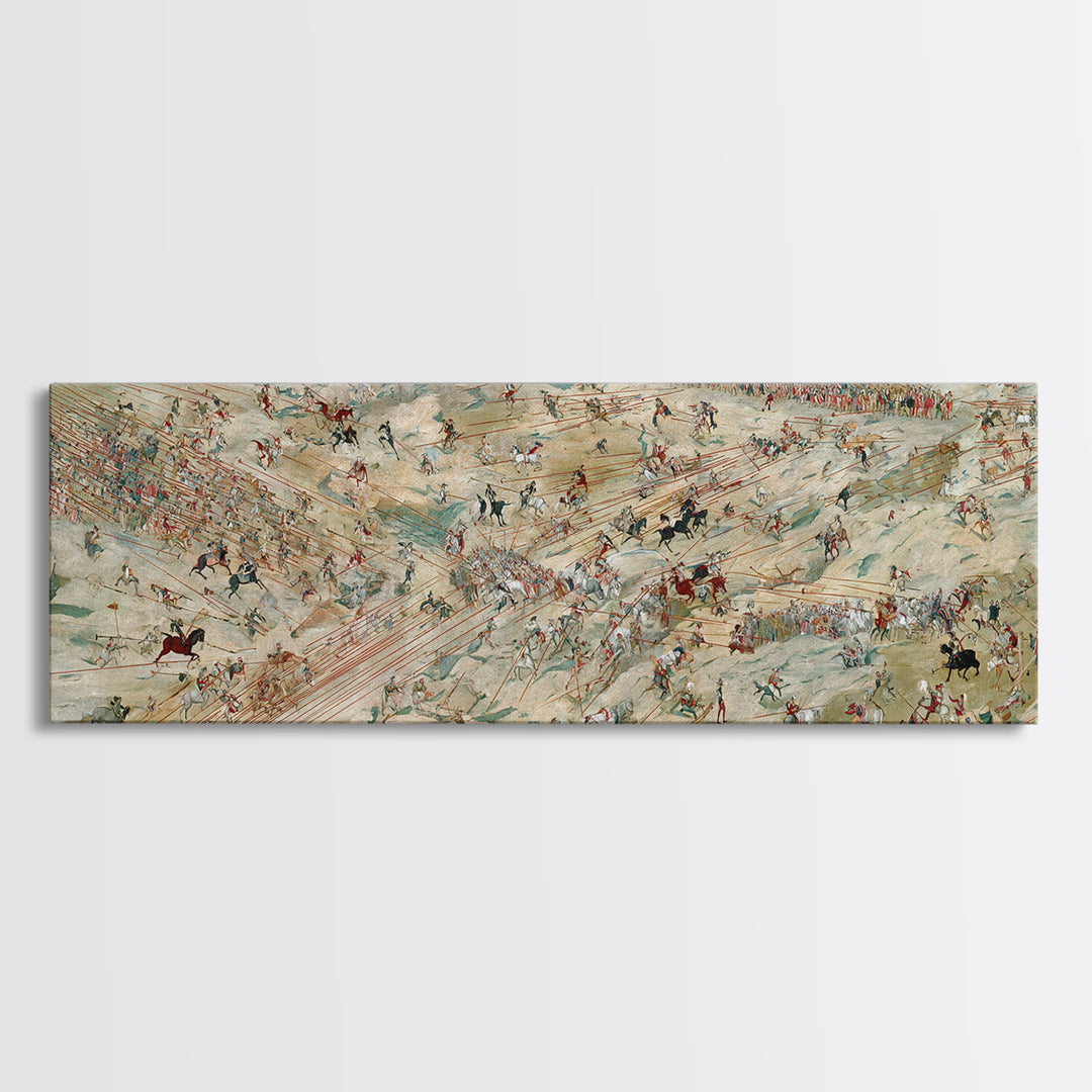 Panoramic Ancient Cavalry Battle Wall Art, Historical War Scene, Western Horse Decor, Large Horizontal Canvas Print Poster