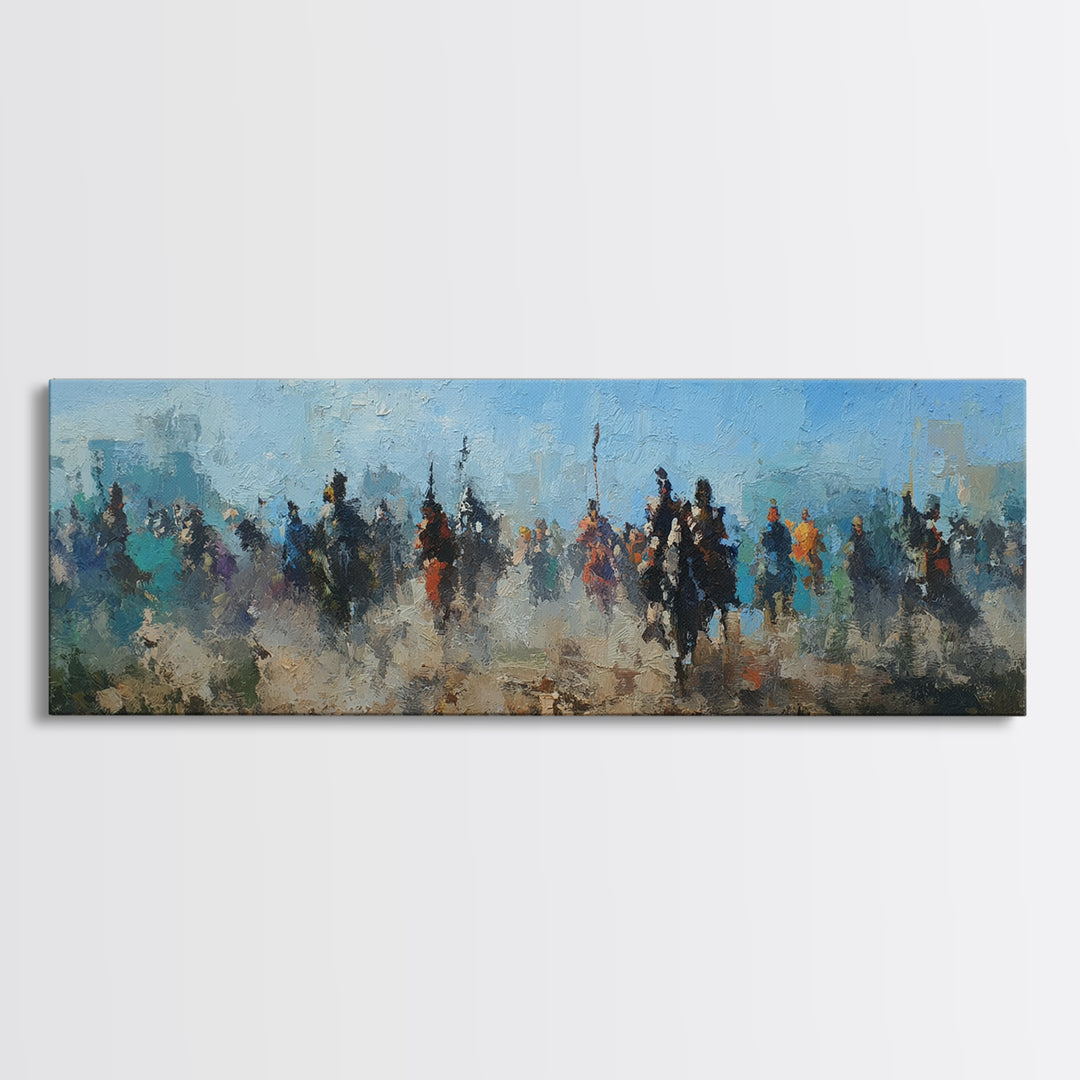 Abstract Cavalry Riders In Blue Haze Wall Art, Horseback Battle Oil Painting Print, Western Living Room Decor Gift For Him