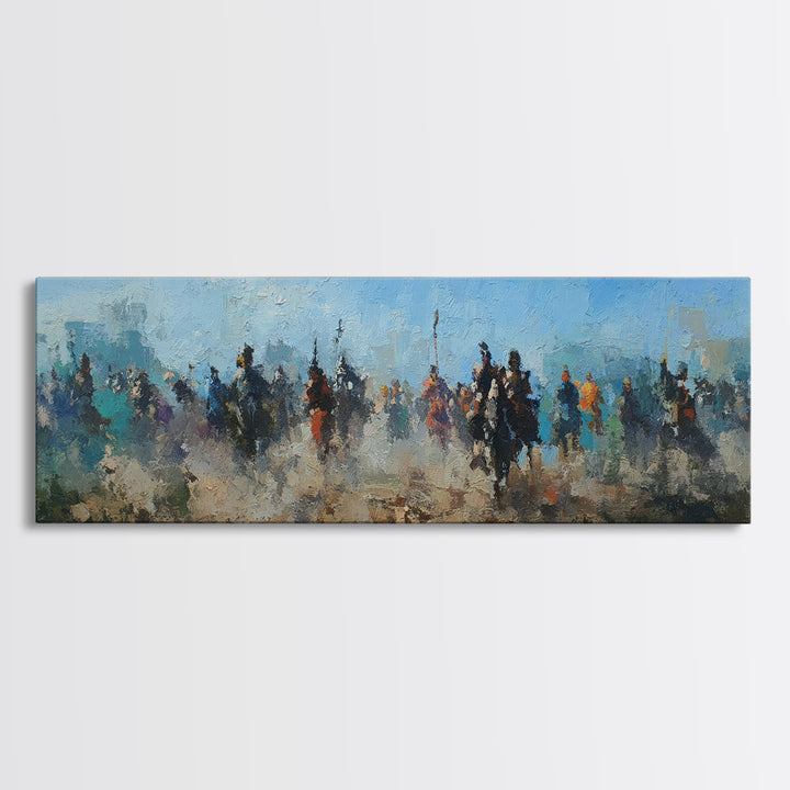 Abstract Cavalry Riders In Blue Haze Wall Art, Horseback Battle Oil Painting Print, Western Living Room Decor Gift For Him