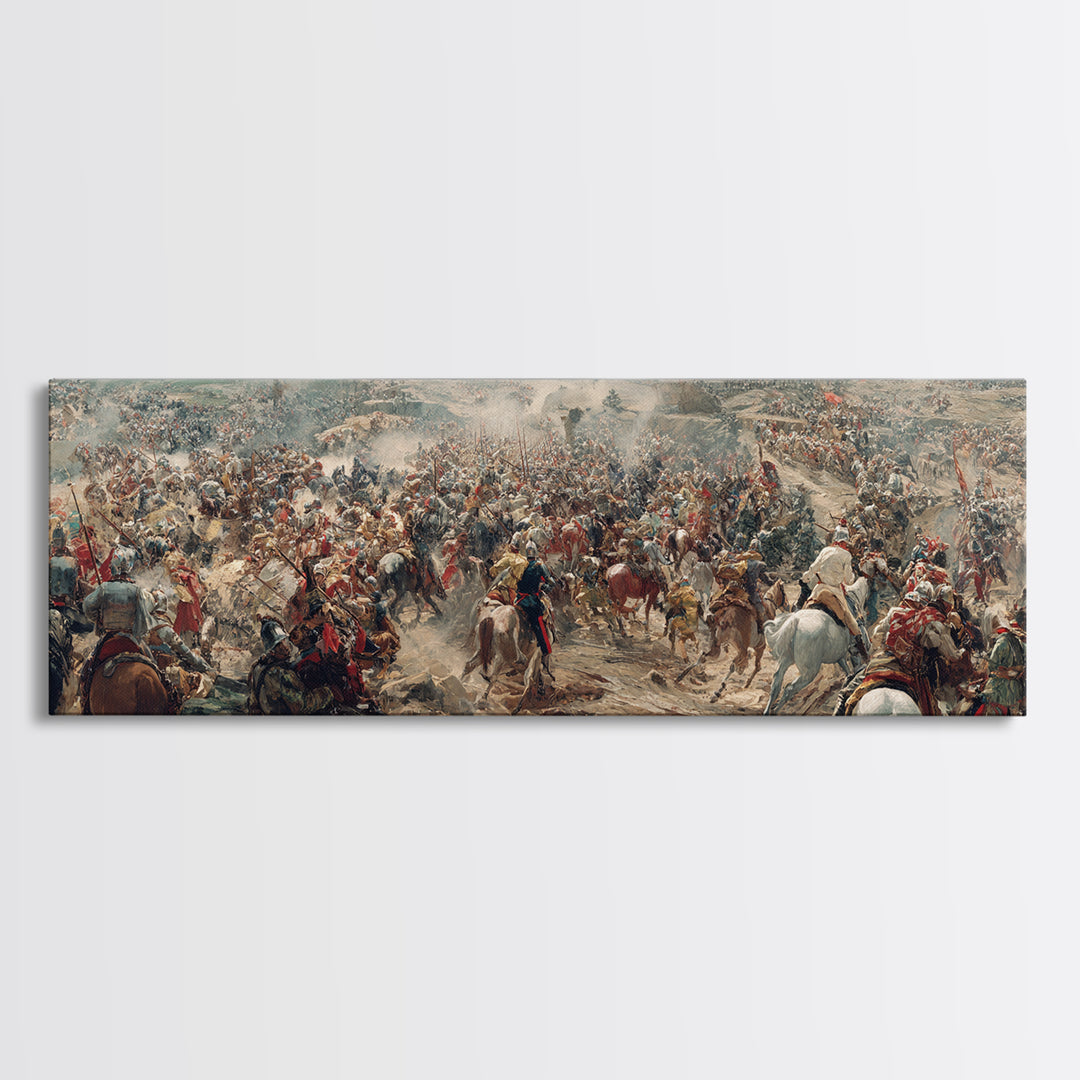Epic Cavalry Charge Across Vast Battlefield Wall Art, Panoramic Historical Battle Canvas, Classical Living Room Decor Gift