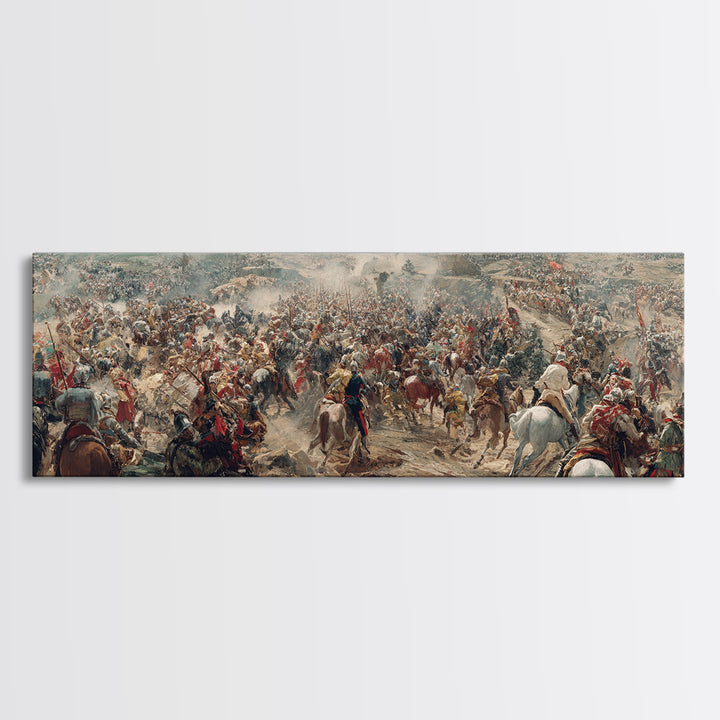 Epic Cavalry Charge Across Vast Battlefield Wall Art, Panoramic Historical Battle Canvas, Classical Living Room Decor Gift