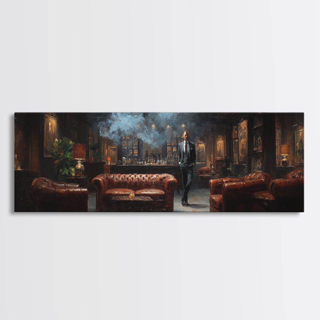 Smoky Gentleman In Leather Lounge Wall Art, Speakeasy Home Bar Canvas Print, Moody Masculine Living Room Decor Gift For Him