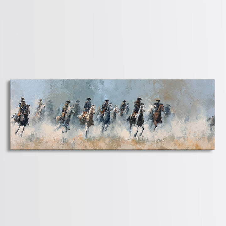 Galloping Horsemen Across Dusty Plains Canvas Print, Western Wall Art, Equestrian Decor, Rustic Living Room Wall Art, Horse Lover Gift