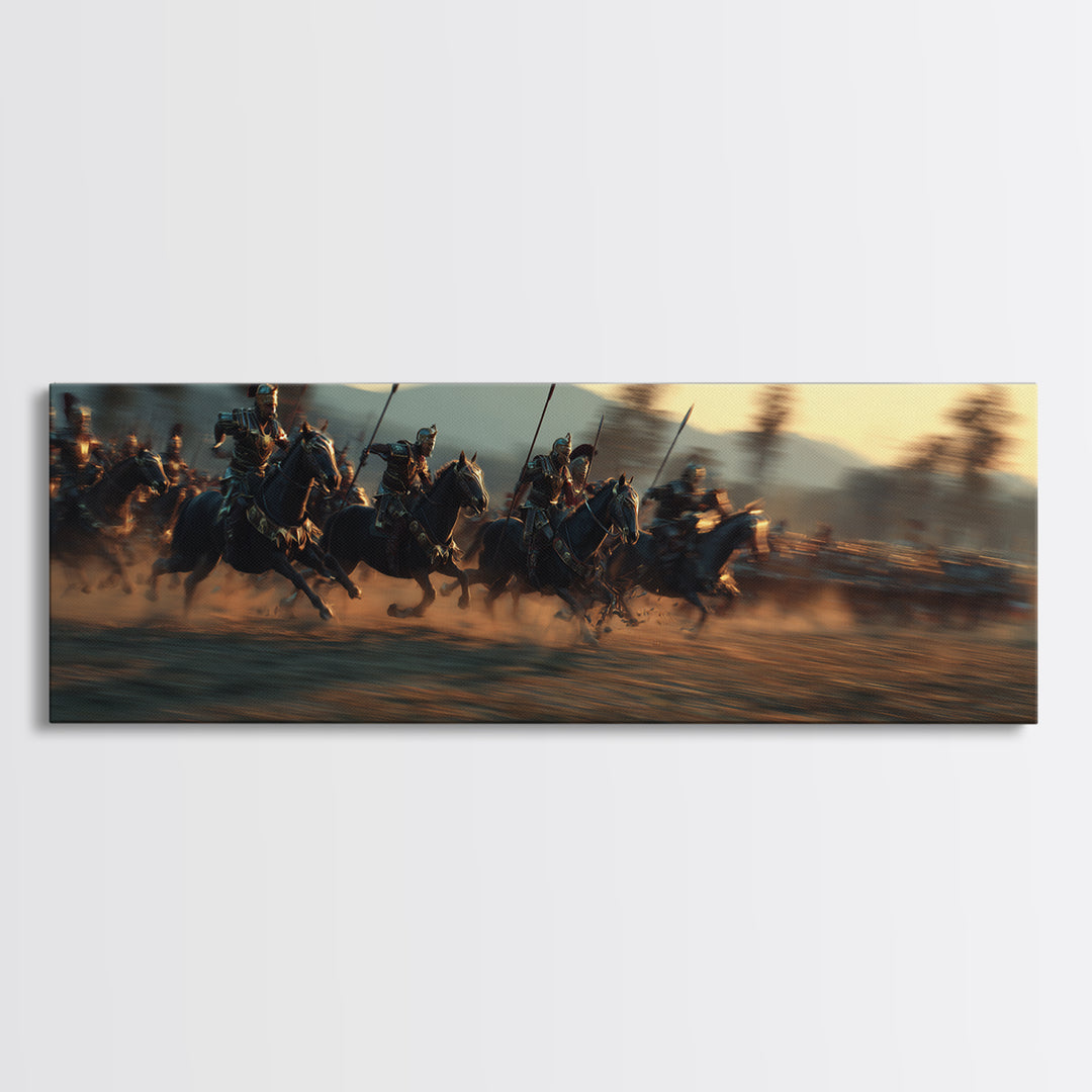 Armored Cavalry Charge At Sunset Wall Art, Epic Horse Battle Canvas Print, Western Warrior Decor, Gift For Him, Masculine Office Decor