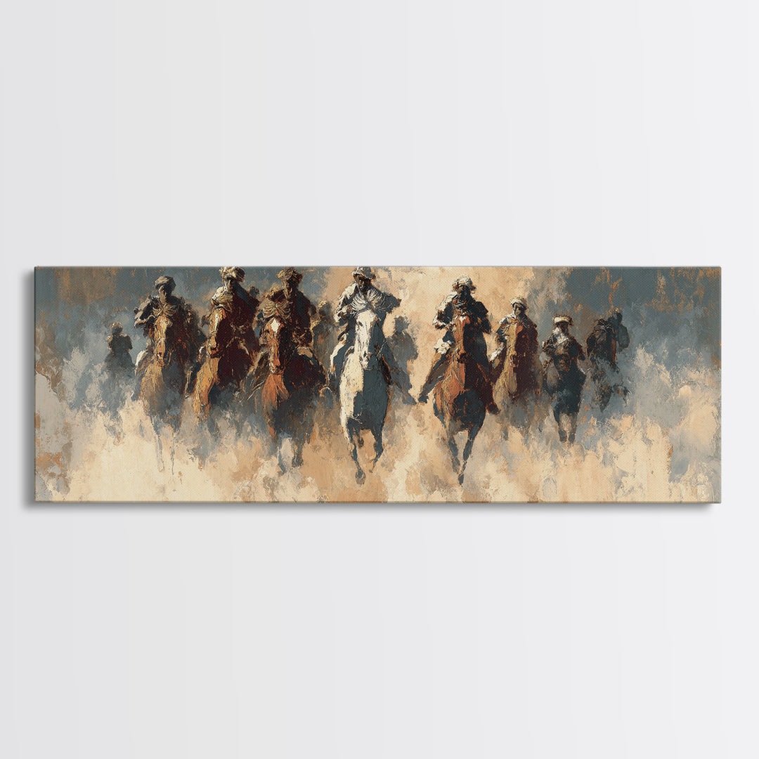Charging Horsemen In Dusty Plains Wall Art, Abstract Cavalry Battle Painting, Western Decor, Large Horizontal Canvas Print