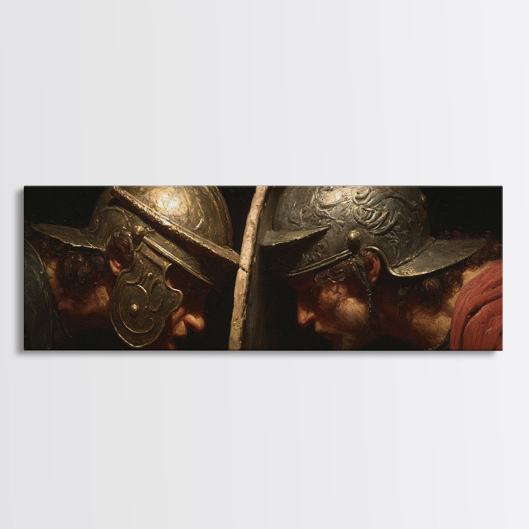Gladiator Helmet Duel Framed Canvas Print, Ancient Roman Wall Art, Historical Battle Decor, Masculine Office Gift For Him