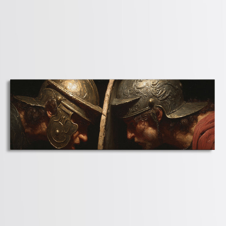 Gladiator Helmet Duel Framed Canvas Print, Ancient Roman Wall Art, Historical Battle Decor, Masculine Office Gift For Him