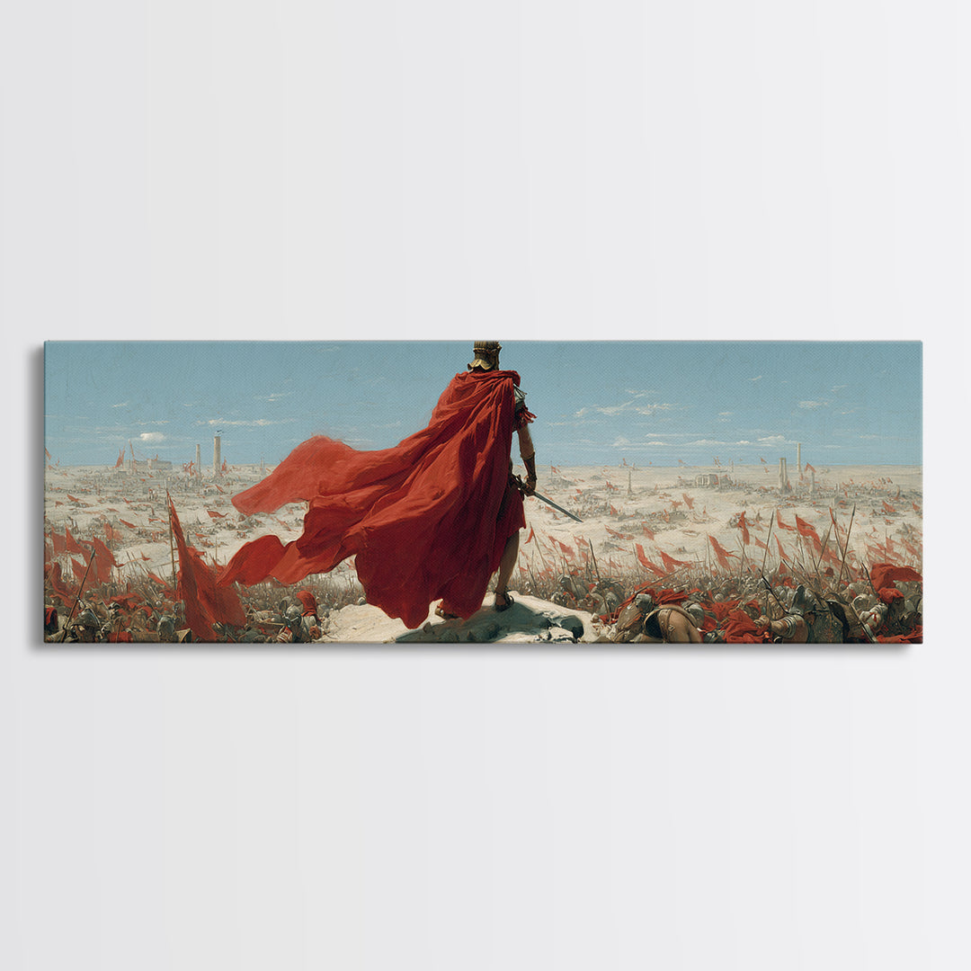 Red Cloaked Commander Over Snowy Battlefield Wall Art, Epic Fantasy Warrior, Historical Canvas Print, Statement Office Decor