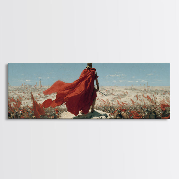 Red Cloaked Commander Over Snowy Battlefield Wall Art, Epic Fantasy Warrior, Historical Canvas Print, Statement Office Decor