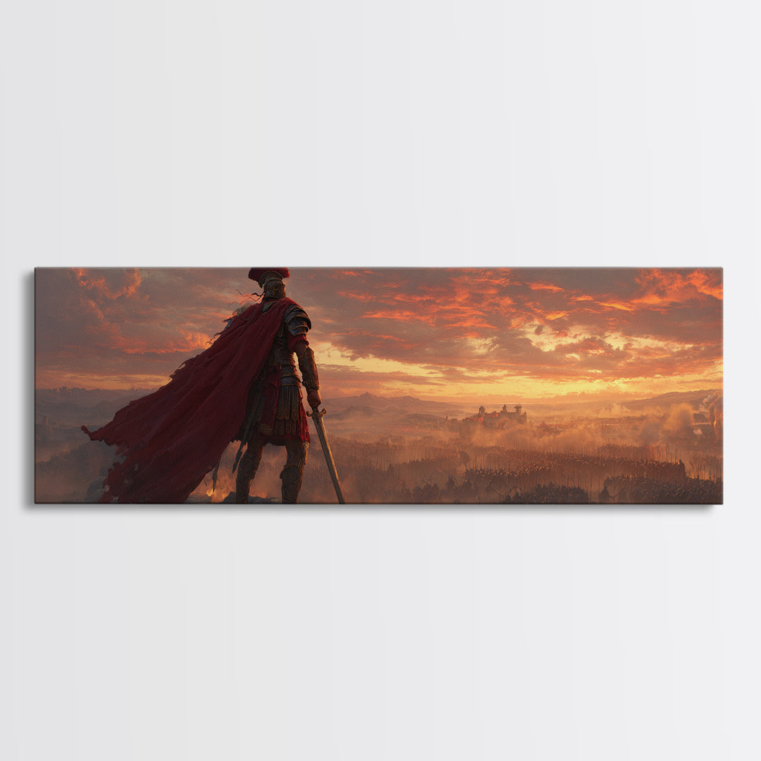 Roman General Over Sunset Empire Wall Art, Red Cape Warrior Landscape, Classical Fantasy Decor, Cinematic Large Canvas Print