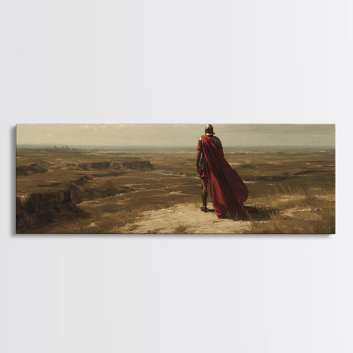 Red Cape Warrior Canyon Wall Art, Epic Fantasy Landscape Canvas, Ancient Hero Print, Rustic Western Statement Decor Gift