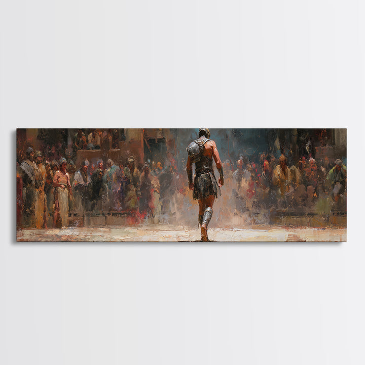 Lone Gladiator Arena Oil Painting Wall Art, Ancient Warrior Canvas, Roman Battle Decor, Dramatic Fantasy Print For Man Cave