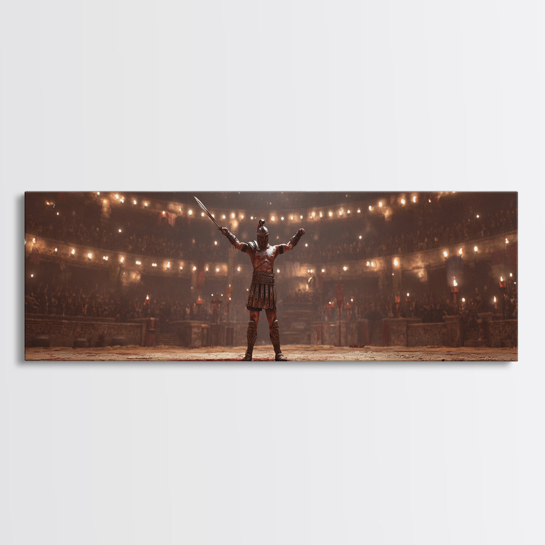 Triumphant Gladiator In Torchlit Arena Wall Art, Roman Warrior Fantasy Canvas, Epic Battle Decor, Cinematic Man Cave Art