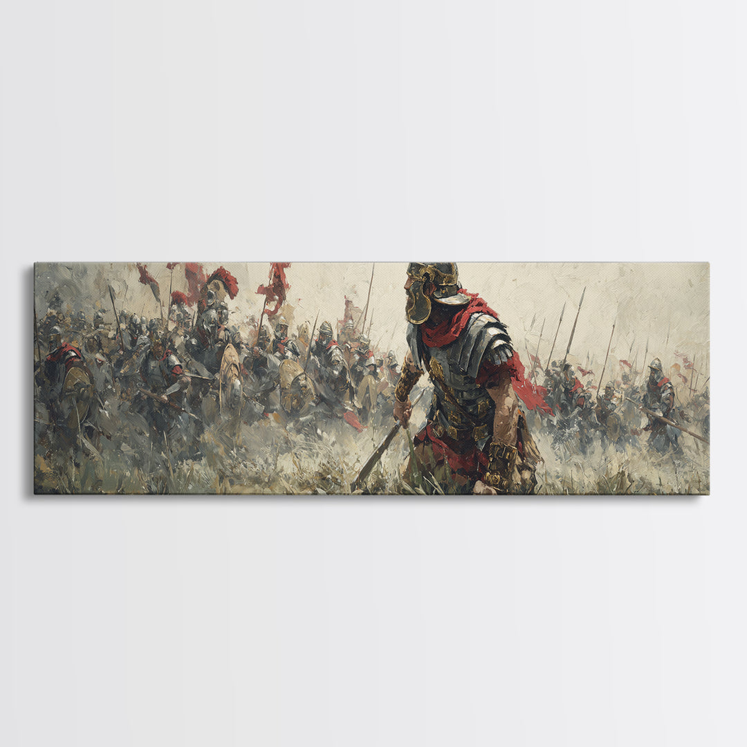 Ancient Warrior Leading Smoky Battlefield Wall Art, Panoramic Historical Battle Canvas, Masculine Office Decor Gift For Him