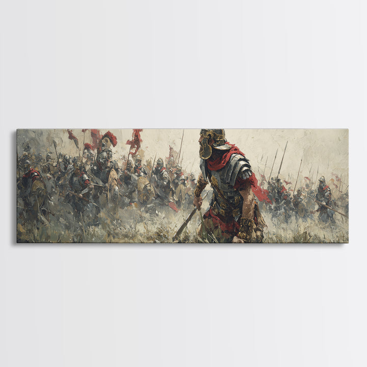 Ancient Warrior Leading Smoky Battlefield Wall Art, Panoramic Historical Battle Canvas, Masculine Office Decor Gift For Him