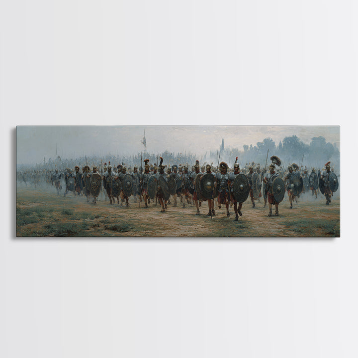 Misty Roman Army March Wall Art, Ancient Warrior Oil Painting Print, Panoramic History Decor, Large Living Room Art For Home Decor