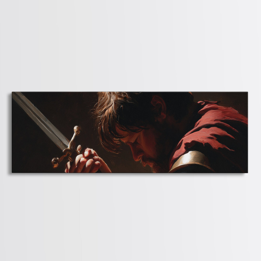 Brooding Warrior Holding Sword Wall Art, Dramatic Baroque Portrait Canvas Print, Masculine Gothic Office And Man Cave Decor