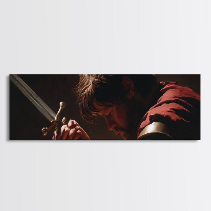 Brooding Warrior Holding Sword Wall Art, Dramatic Baroque Portrait Canvas Print, Masculine Gothic Office And Man Cave Decor