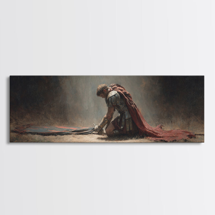 Fallen Roman Soldier With Red Cloak Framed Canvas Print, Classical Warrior Wall Art, Dark Academia Office Decor Gift For Him