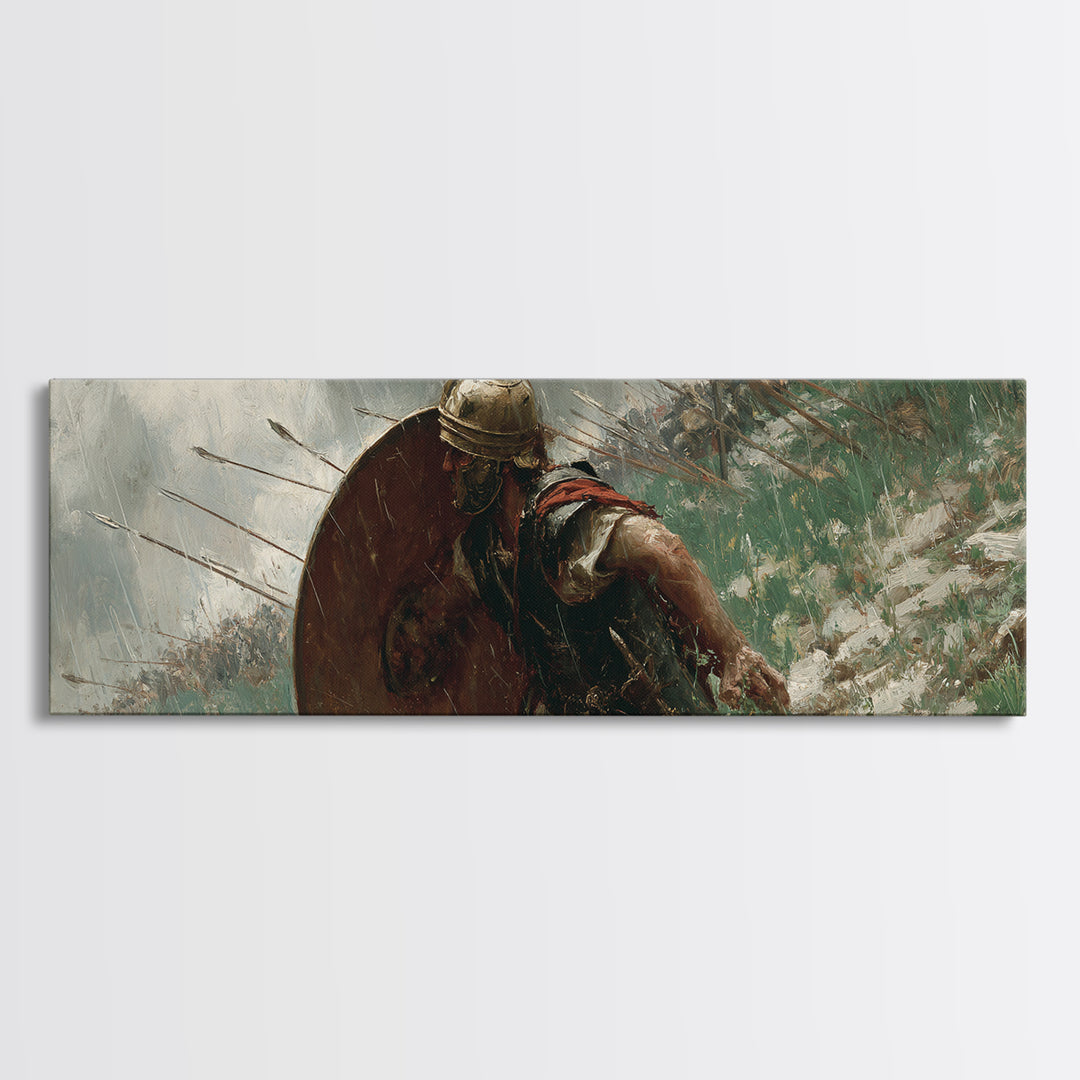 Ancient Shield Warrior Framed Canvas Print, Historical Battle Wall Art, Spartan Soldier Decor, Masculine Office Decor, Gift For Him