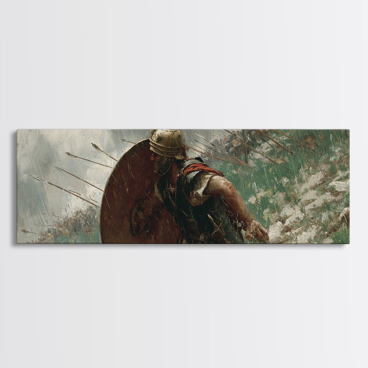 Ancient Shield Warrior Framed Canvas Print, Historical Battle Wall Art, Spartan Soldier Decor, Masculine Office Decor, Gift For Him