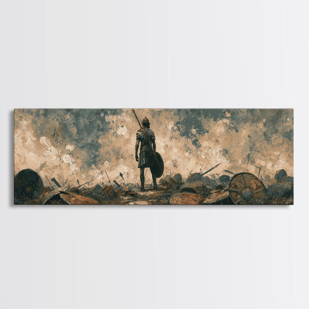 Solitary Warrior On Stormy Battlefield Canvas Print, Historical Wall Art, Moody Office Decor, Dark Academia Gift For Him