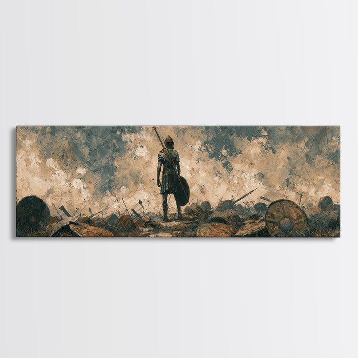 Solitary Warrior On Stormy Battlefield Canvas Print, Historical Wall Art, Moody Office Decor, Dark Academia Gift For Him