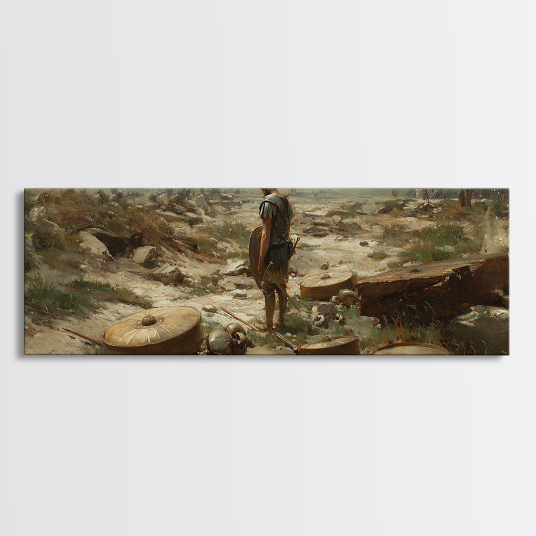 Lone Ancient Warrior Among Shields Wall Art, Roman Battlefield Canvas Print, Historical Decor, Classical Fine Art Prints