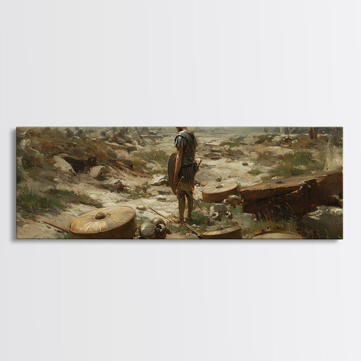 Lone Ancient Warrior Among Shields Wall Art, Roman Battlefield Canvas Print, Historical Decor, Classical Fine Art Prints